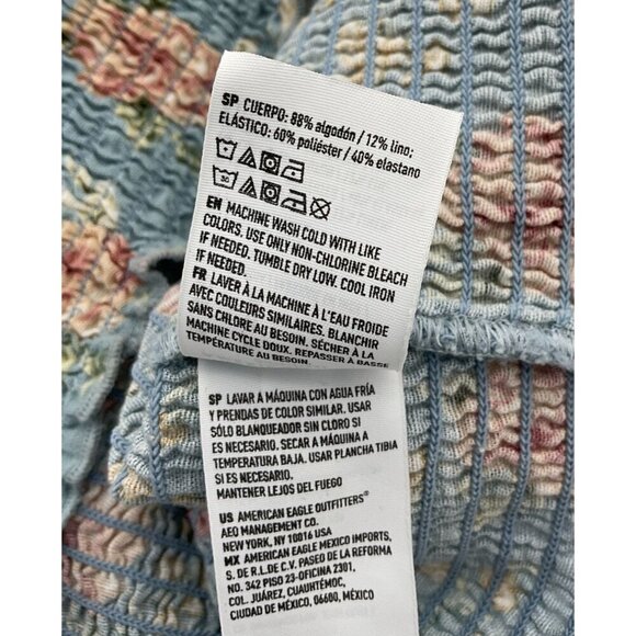 American Eagle Blue Floral Smocked Sweetheart Crop Top Short Puff Sleeves Med - Picture 10 of 11